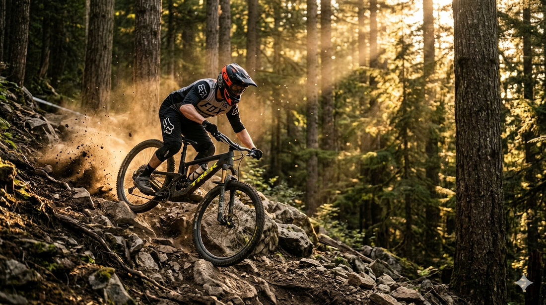 Mountain biker in attack position descending a rocky forest trail