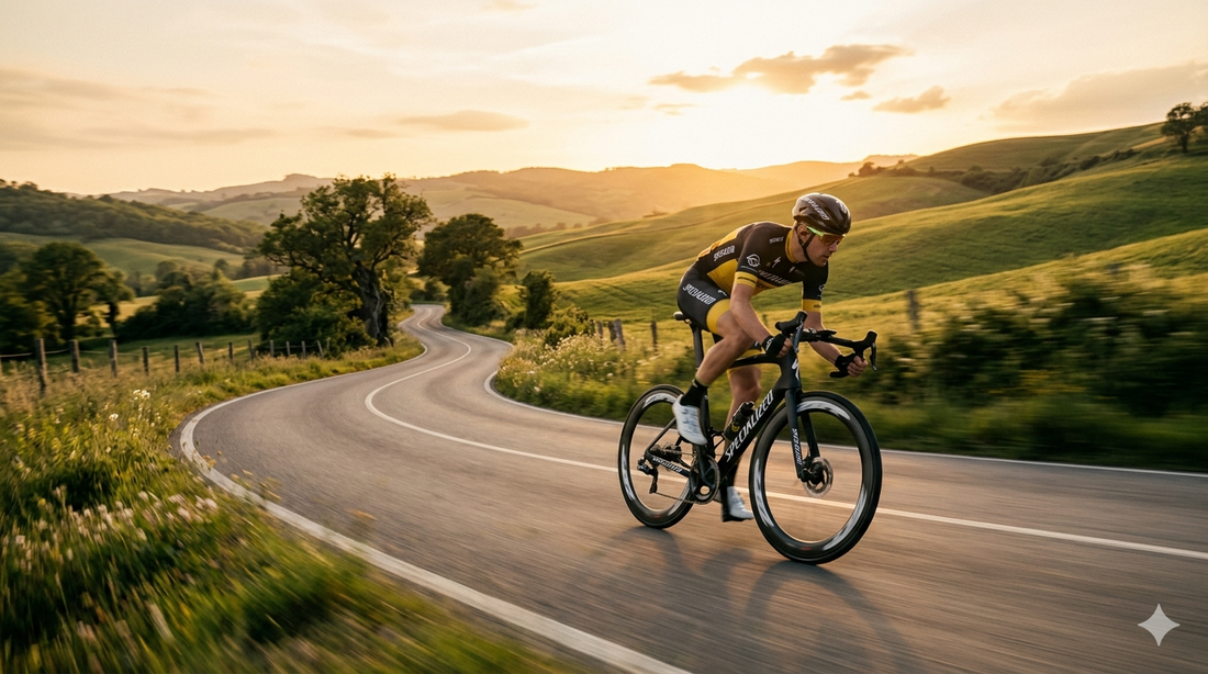 Road cyclist riding through countryside hills at golden hour