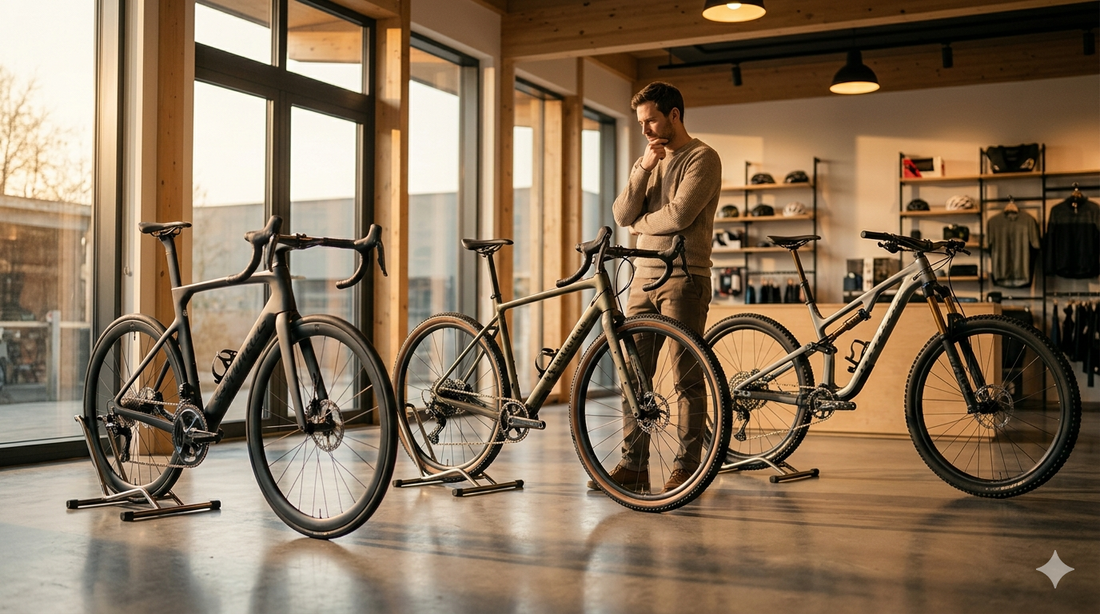 Premium road, mountain, and gravel bikes lined up in a showroom
