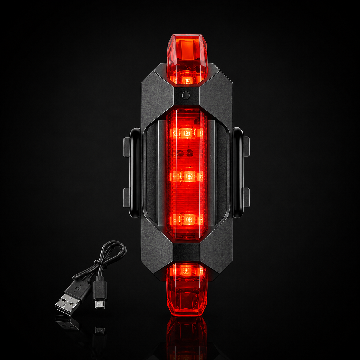 Red LED rear bike taillight lit up next to its USB charging cable