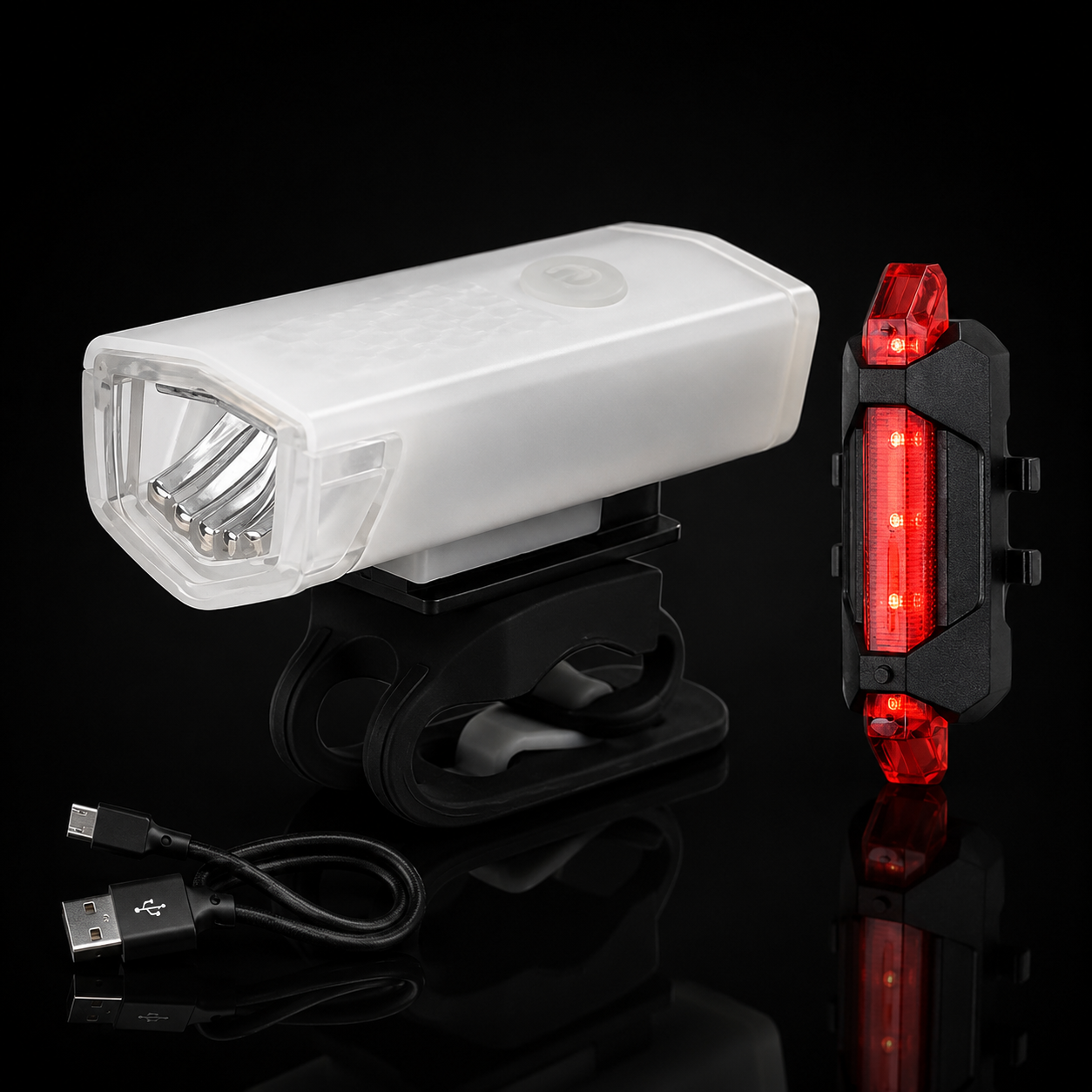 White front bike headlight and red rear taillight set with USB cable and mounting straps