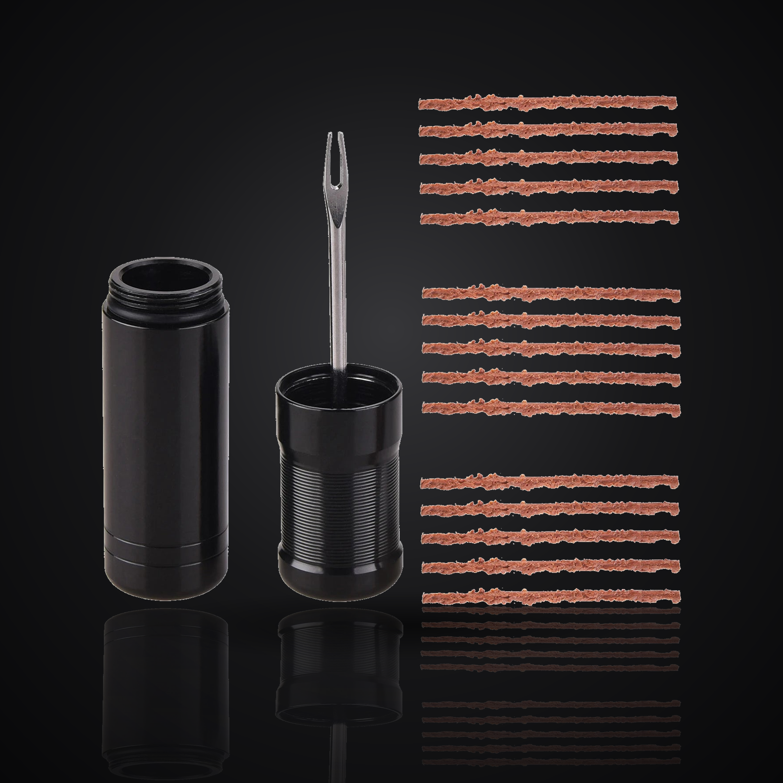 Tubeless tire repair kit with aluminum storage canister, fork insertion tool and rubber plug strips on premium dark studio background