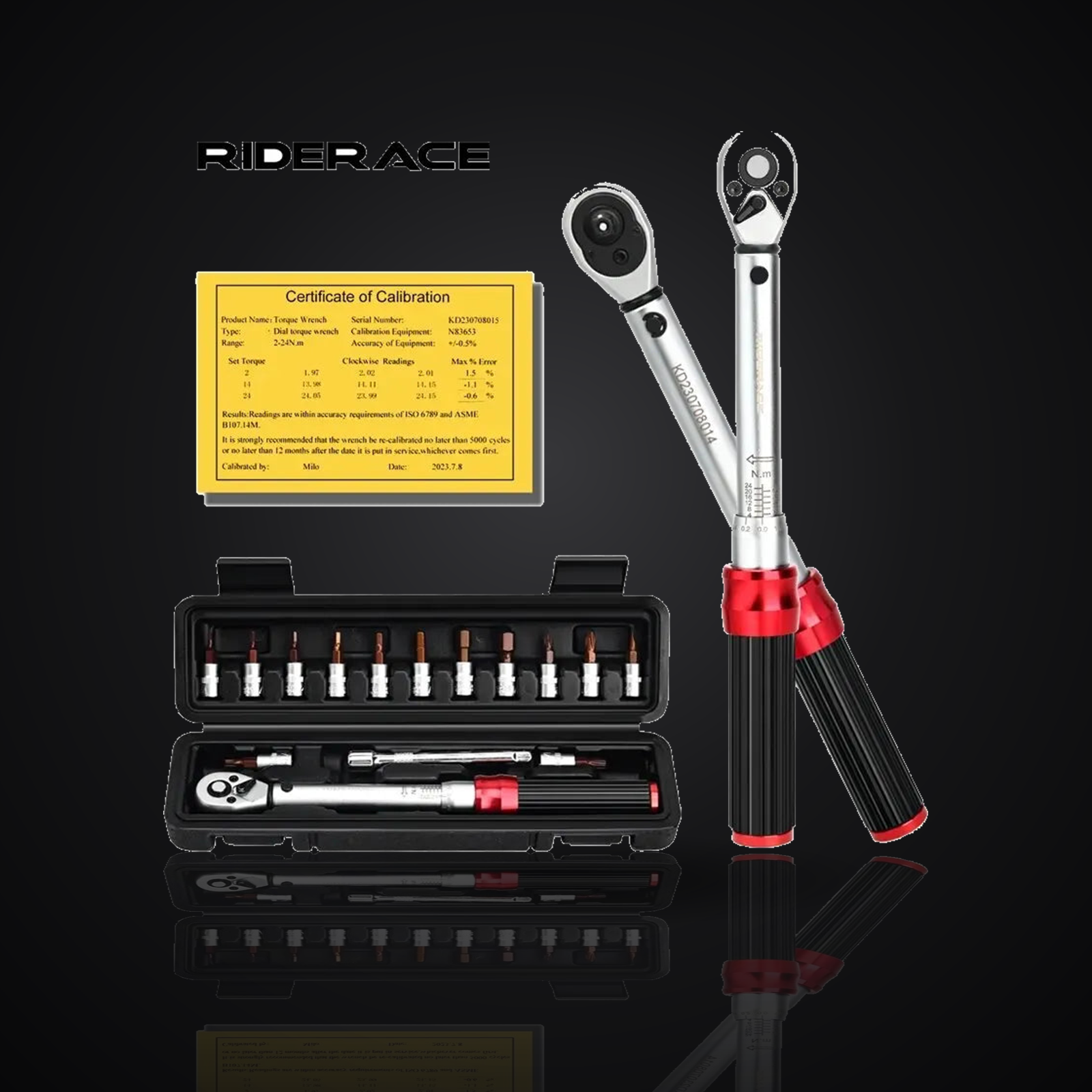 15-piece bicycle torque wrench set with case on premium dark studio background