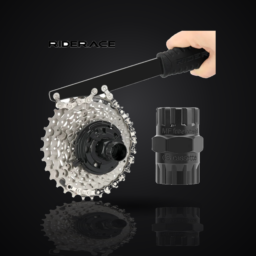 Bike cassette and freewheel removal tool kit with chain whip and 2-in-1 socket on premium dark studio background