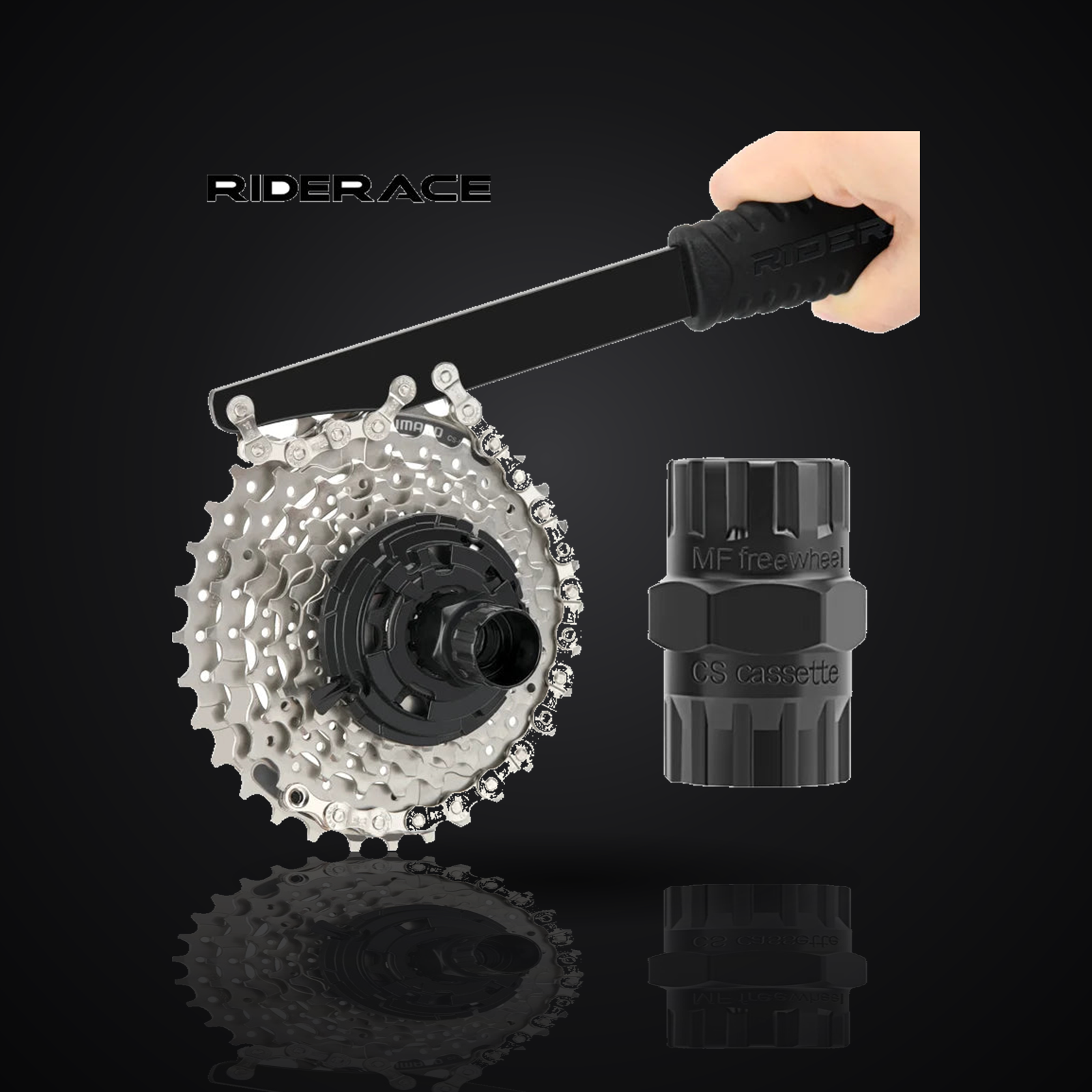 Bike cassette and freewheel removal tool kit with chain whip and 2-in-1 socket on premium dark studio background