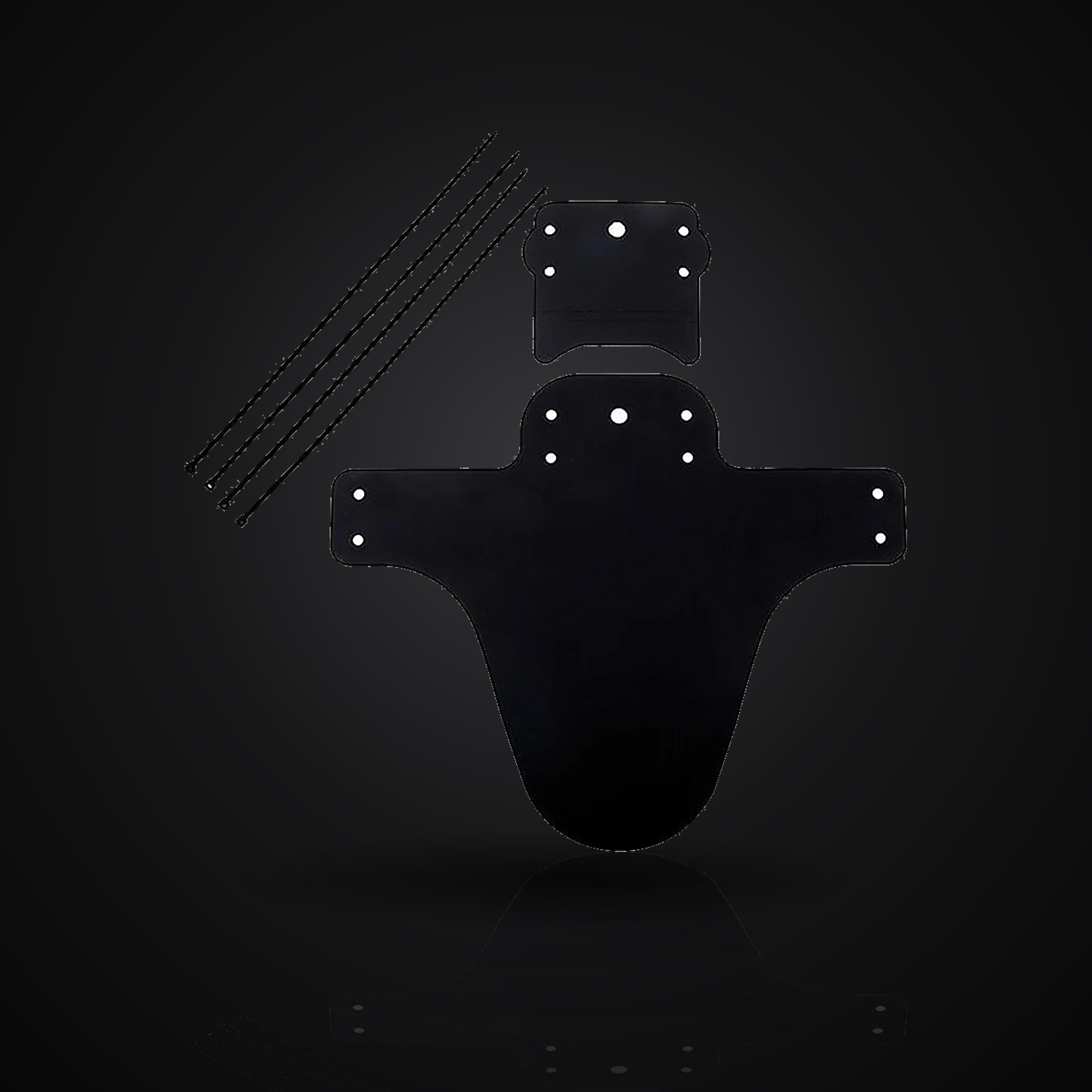 MTB mudguard set with front and rear fenders and cable ties on premium dark studio background
