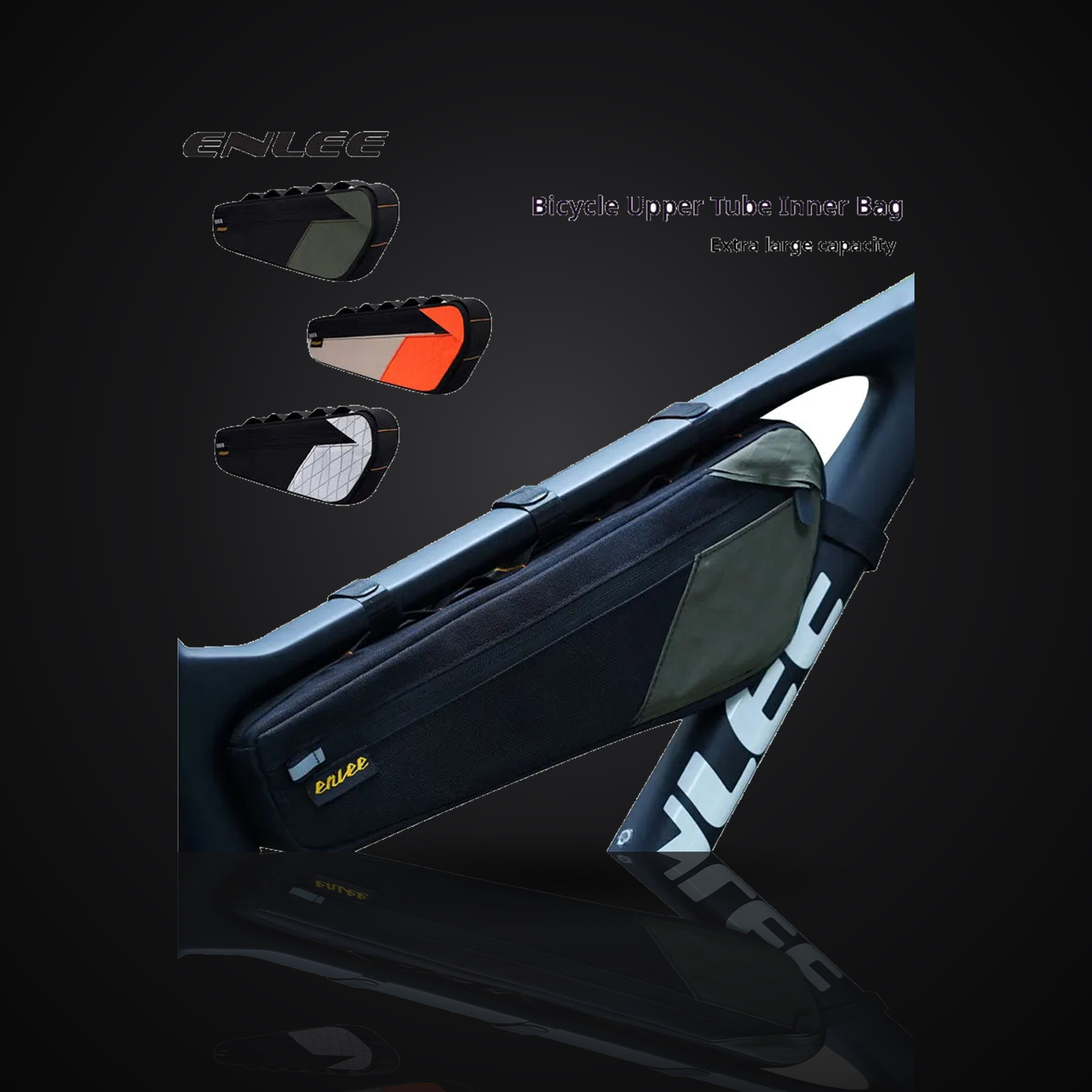 ENLEE waterproof bike frame storage bag on a premium dark studio background